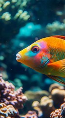 Fototapeta premium Vibrant Orange Fish Swimming Among Colorful Coral Reef in Ocean