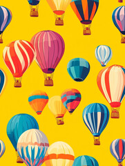 A vibrant pattern of various hot air balloons in different colors and designs against a yellow background. Cartoon style. 
