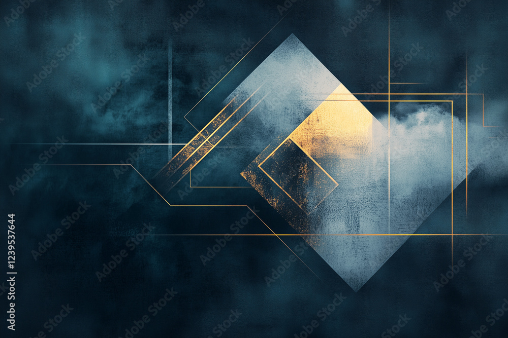 Poster an artistic depiction of abstract shapes and geometric islamic patterns, illuminated by a soft golde