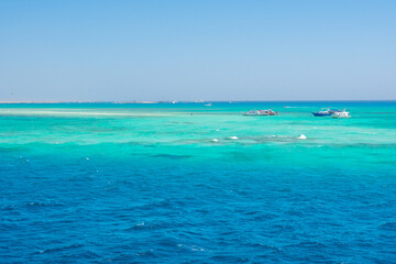 View from boat on Red Sea And Hurghada in Egypt. Cristal clear water and View at city. 