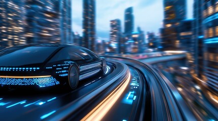 futuristic car at urban cybernetic cityscape full of lights and buildings	
