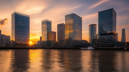 Fototapeta premium Golden hour cityscape with reflection on the water of modern buildings