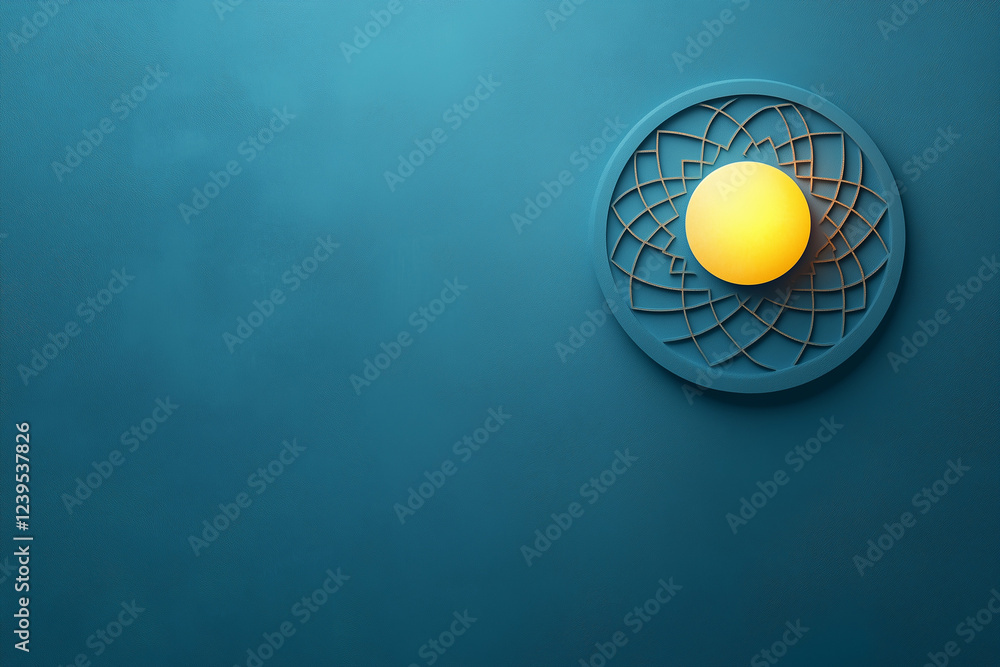 Poster an artistic depiction of abstract shapes and geometric islamic patterns, illuminated by a soft golde