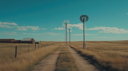 A row of towering wind turbines spinning against a bright blue sky.