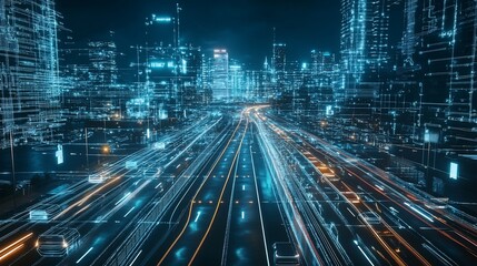 Obraz premium Futuristic Cityscape with Glowing Roads and Building Outlines at Night