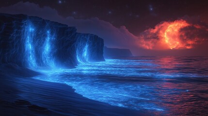 Fototapeta premium wave crashing shore at night time with blue bioluminescence calm peaceful ethereal beach 