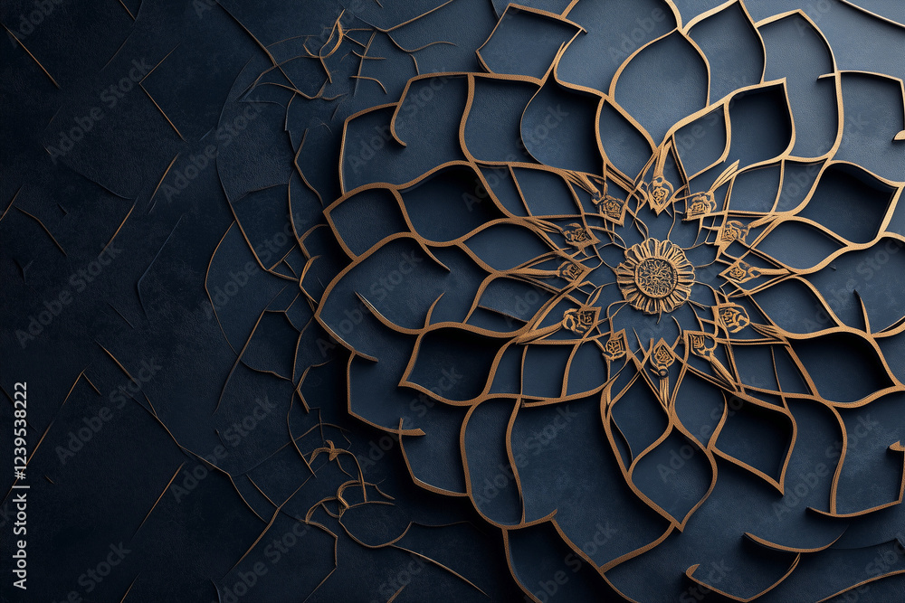 Poster an artistic depiction of abstract shapes and geometric islamic patterns, illuminated by a soft golde