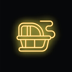 Neon yellow icon of a pet carrier is glowing on a black background