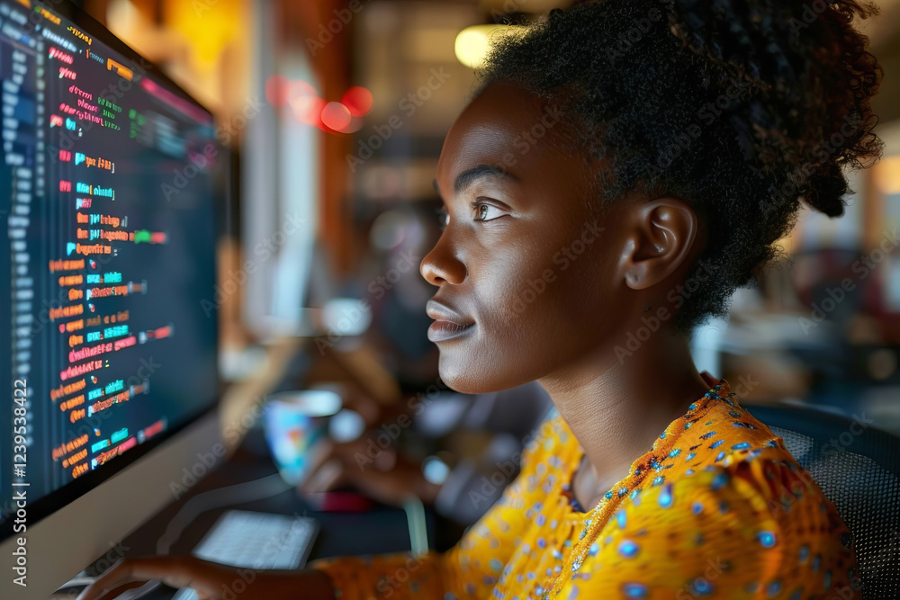 Poster black female programmer: woman coding on computer