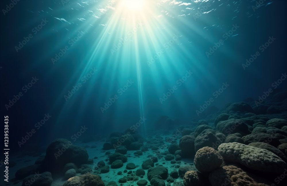 Aufkleber Submerged rocks form tranquil underwater scene. Sunlight streams down from above creating beautiful beam effect. Deep blue water surrounds scene. Image calming effect. Perfect for nature eco-tourism