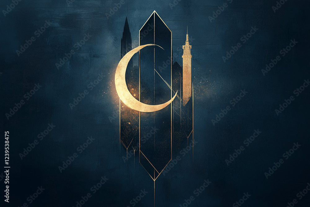 Poster an artistic depiction of abstract shapes and geometric islamic patterns, illuminated by a soft golde