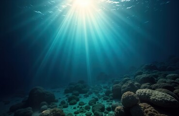Naklejka premium Submerged rocks form tranquil underwater scene. Sunlight streams down from above creating beautiful beam effect. Deep blue water surrounds scene. Image calming effect. Perfect for nature eco-tourism
