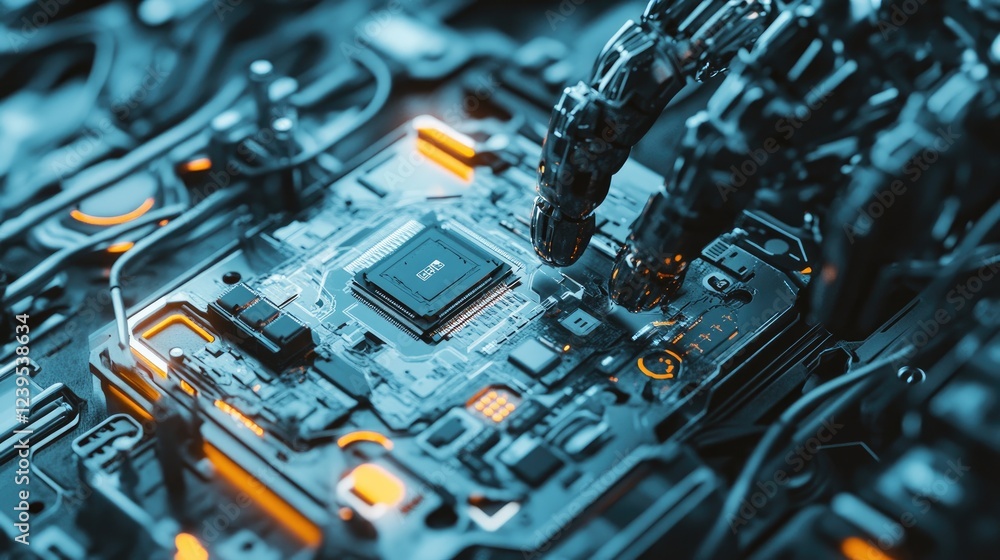 Poster close-up of a robotic arm installing microchips in smart home appliances.