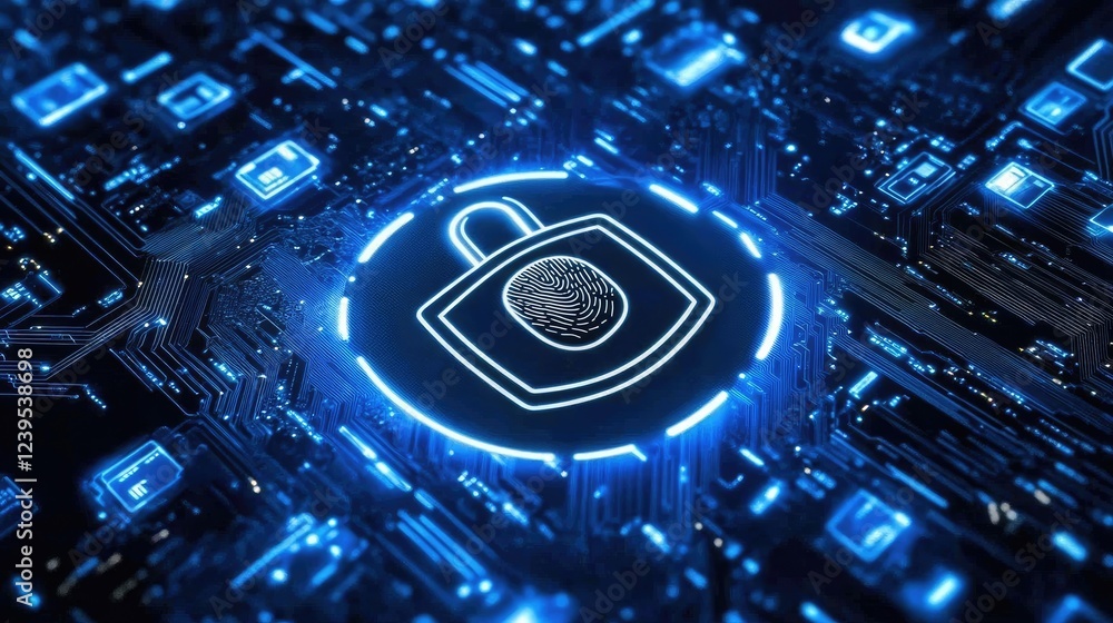 Poster close-up of a secure online transaction with a fingerprint scan and digital lock.