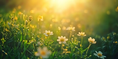 Fototapeta premium dreamy springtime white flower field background, soft sunlight peaceful flower field 