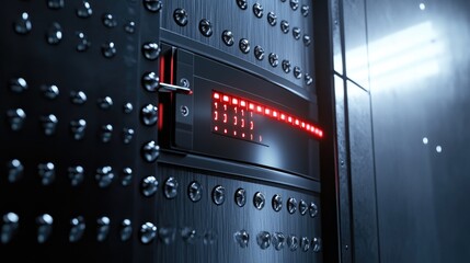 Close-up of a secured vault door with a glowing keypad lock.