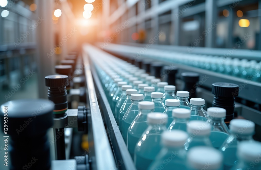 Poster automated bottling line in motion. clear plastic bottles filled with light blue liquid moving along 