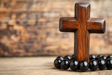 Wooden Christian cross and black prayer beads on a light wood background highlighting National Christian Day Selective focus