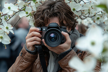 In vibrant display of spring photographer focuses on capturing delicate beauty of dogwood tree in full bloom surrounded white flowers and nature's tranquility.