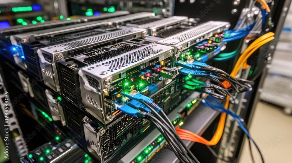 Poster computer server racks with blinking led lights in a data center.