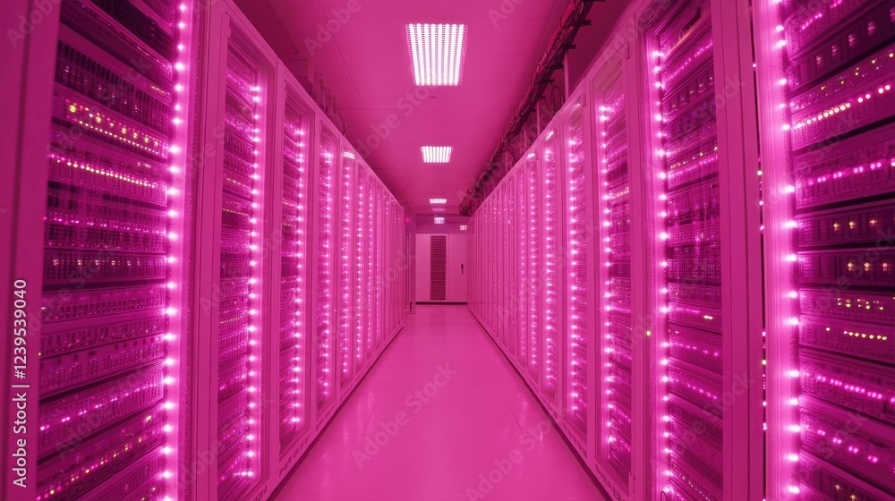 Poster computer server racks with blinking led lights in a data center.