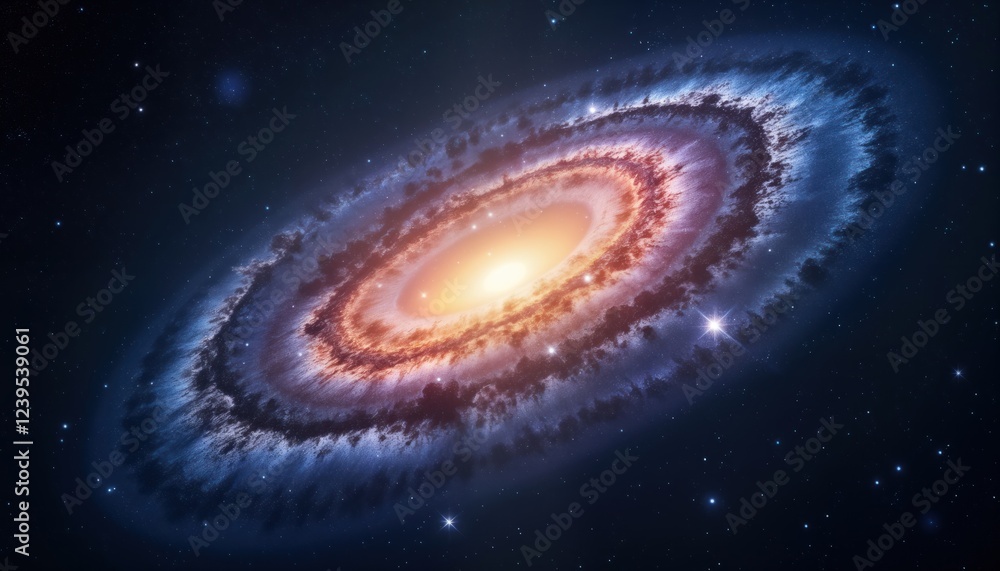Poster spiral galaxy shows swirling arms, bright central core. many stars surround galaxy. cosmos shows int