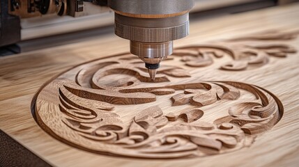 CNC cutting machine carving patterns into wooden furniture panels.