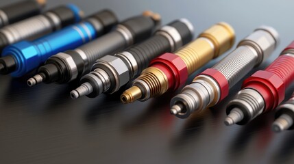 Collection of high-performance spark plugs and ignition coils displayed professionally.