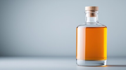 Fototapeta premium Amber liquid in glass bottle on grey background; product shot