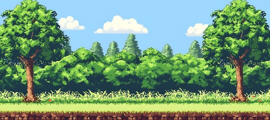 Pixel Art Summer Forest Landscape with Two Large Trees