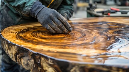 Detailed craftsmanship of a wooden table being shaped and polished.