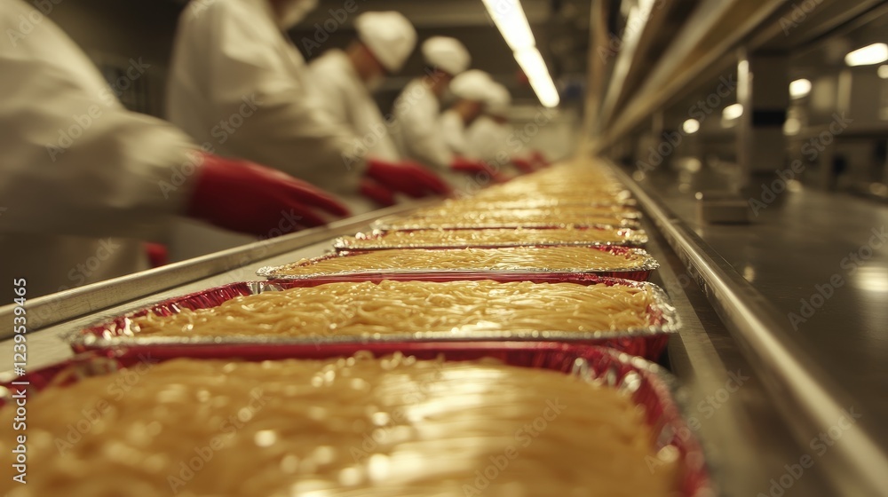 Poster factory assembly line producing instant noodles in sealed packets.