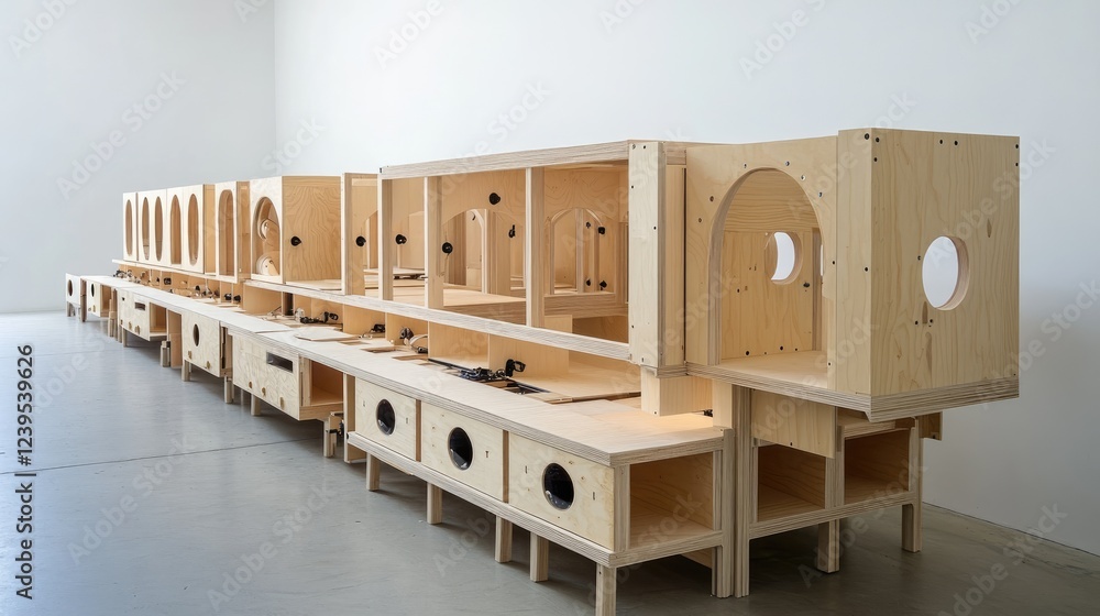 Poster fully automated furniture production line assembling modular pieces.