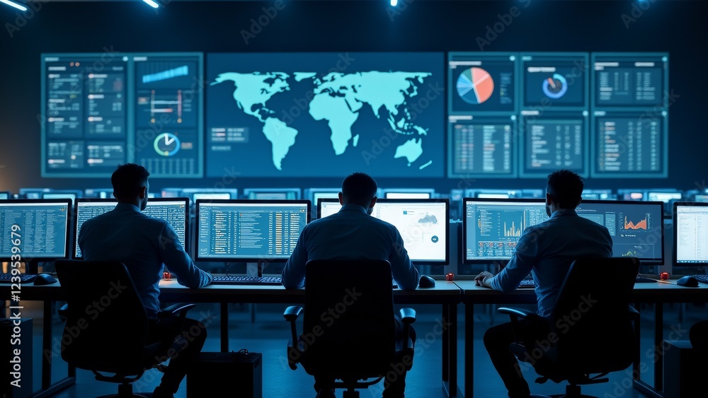 Poster group three men sitting desk front multiple computer monitors facing same direction appear working p