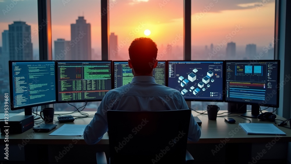 Poster man sitting desk front multiple computer monitors facing large window offers view city skyline sunse