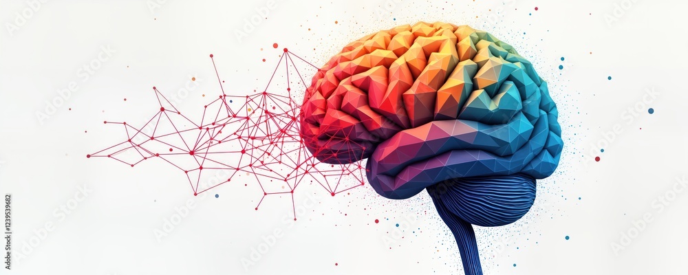 Poster colorful abstract brain illustration. geometric design. multifaceted shape. network of connections. 