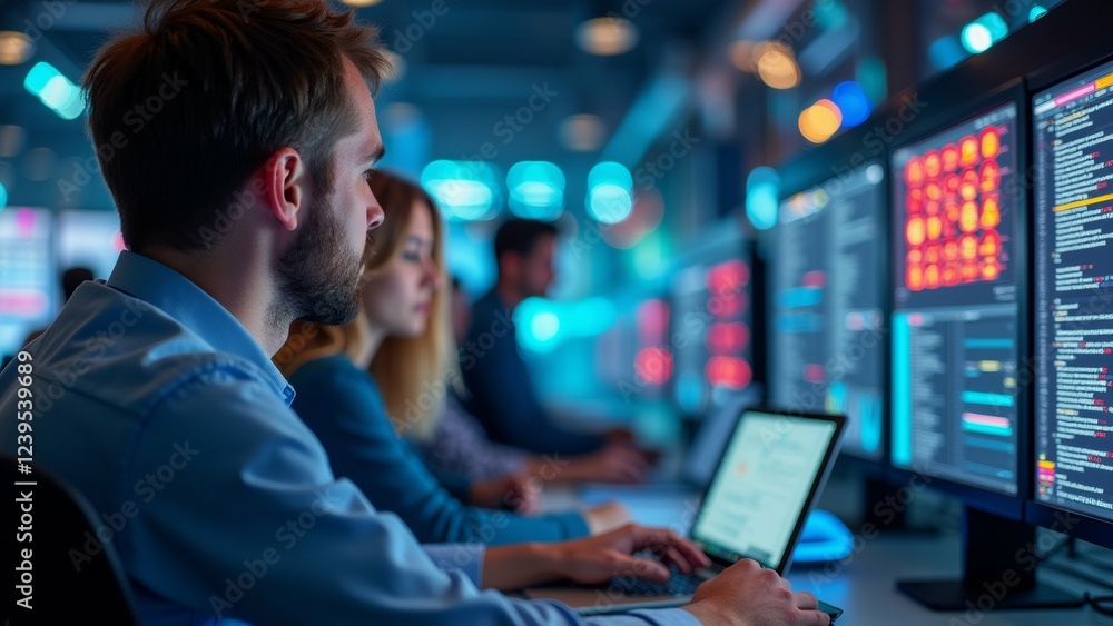 Poster group people working control room multiple computer monitors room dimly lit blue red lights creating