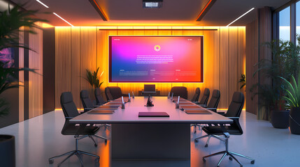 Vibrant creative pitch deck presentation in modern meeting room with giant screen rendering. Typography Integration. Illustration