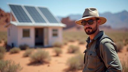 man standing desert like landscape mountains background wearing beige hat sunglasses green jacket has backpack slung over his shoulder looking off into distance serious expression his face foreground