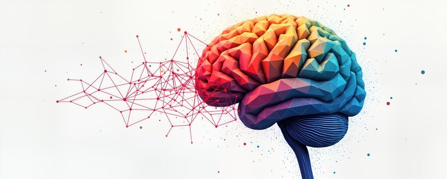 Colorful abstract brain illustration. Geometric design. Multifaceted shape. Network of connections. Modern style. Brain anatomy displayed in creative way. Futuristic tech style. Represents innovative