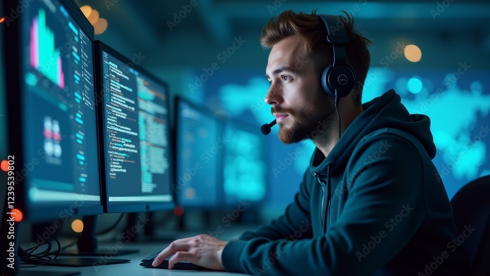 Poster young man sitting desk front multiple computer monitors wearing black hoodie has headset microphone 