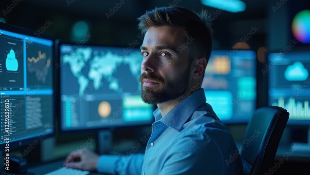 Poster young man sitting desk front multiple computer monitors wearing blue shirt has beard man looking mon