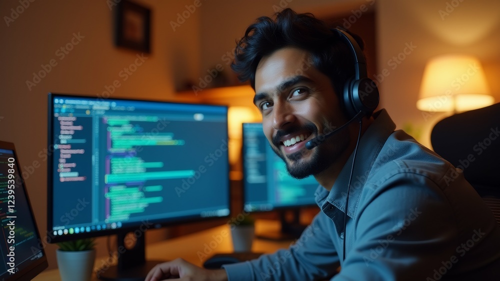 Poster young man sitting desk front two computer monitors wearing headset has smile his face man appears ca