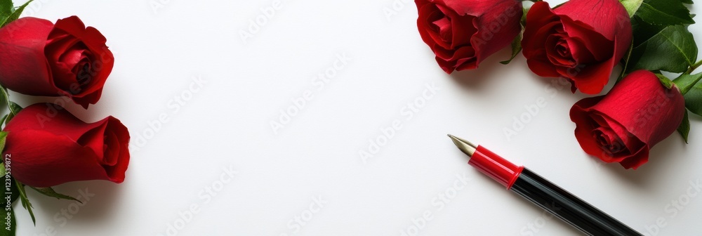 Poster Elegant red roses and a pen arranged on a clean blank surface for romantic message writing. Generative AI