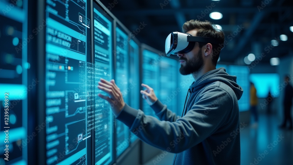 Poster young man wearing virtual reality headset server room standing front large screen multiple rows serv