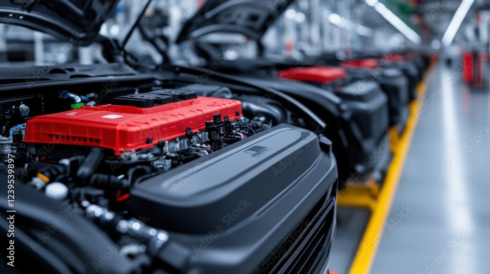 Poster automotive manufacturing facility with focus on red engine component in assembly line production set