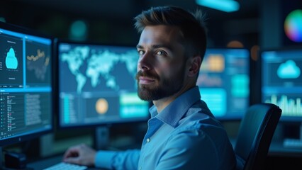 Fototapeta premium young man sitting desk front multiple computer monitors wearing blue shirt has beard man looking monitors serious expression his face monitors display various graphs charts well world map background