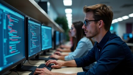young man sitting desk front multiple computer monitors wearing blue polo shirt glasses appears focused his work monitors displaying code programming code screen background people working their