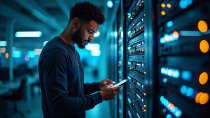 young man standing server room looking his phone wearing black long sleeved shirt has beard room filled rows servers multiple rows cables switches man holding phone his hands appears checking