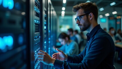 young man wearing dark blue shirt glasses working server data center standing front row servers looking intently screen one appears focused task hand serious expression his face background people
